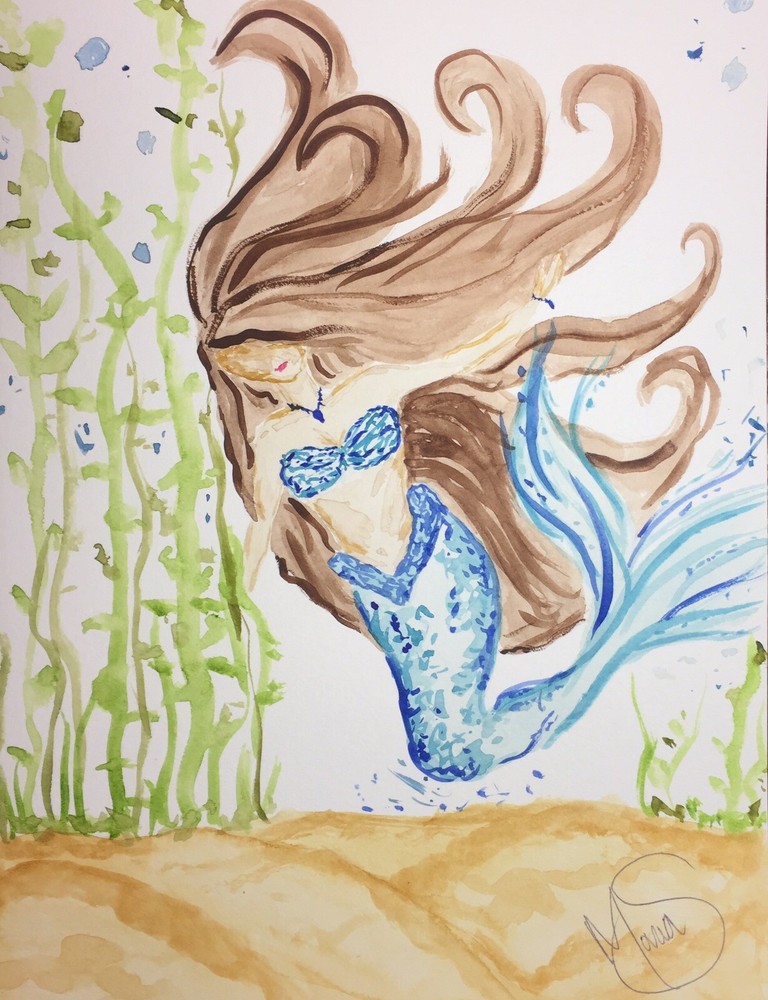 Maria Scalf Watercolor 9x12 ORIGINAL PAINTING Mermaid Blue Water Sea Ocean Decor