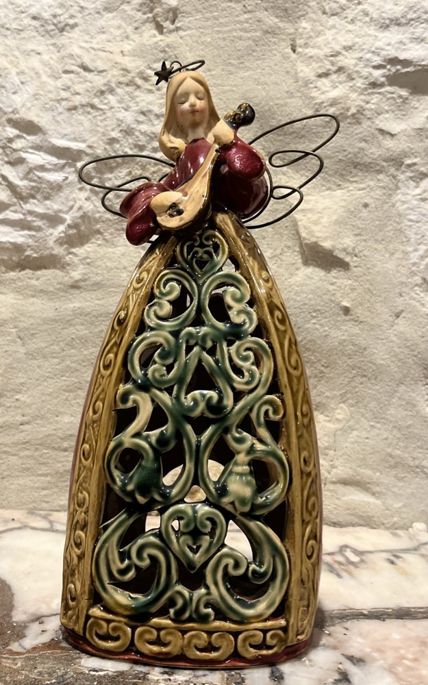Vintage Ceramic Angel With Mandolin Tea-Light Candle Holder 9” Tall Numbered