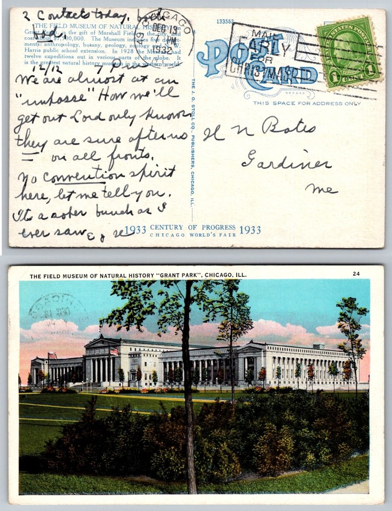 1933 Chicago World's Fair Field Museum of Natural History Postcard Posted