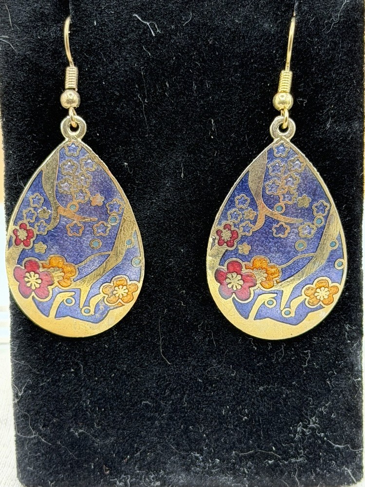 Vintage Cloisonné Enamel Floral Dangle Drop Earrings blue Gold Tone 1.25
