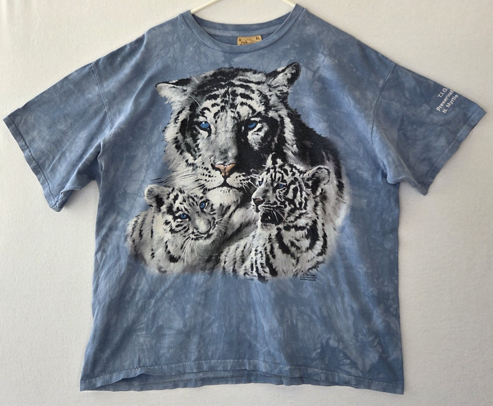 The Mountain T Shirt Mens SZ XL White Tigers Wildlife Print Blue Tie Dye