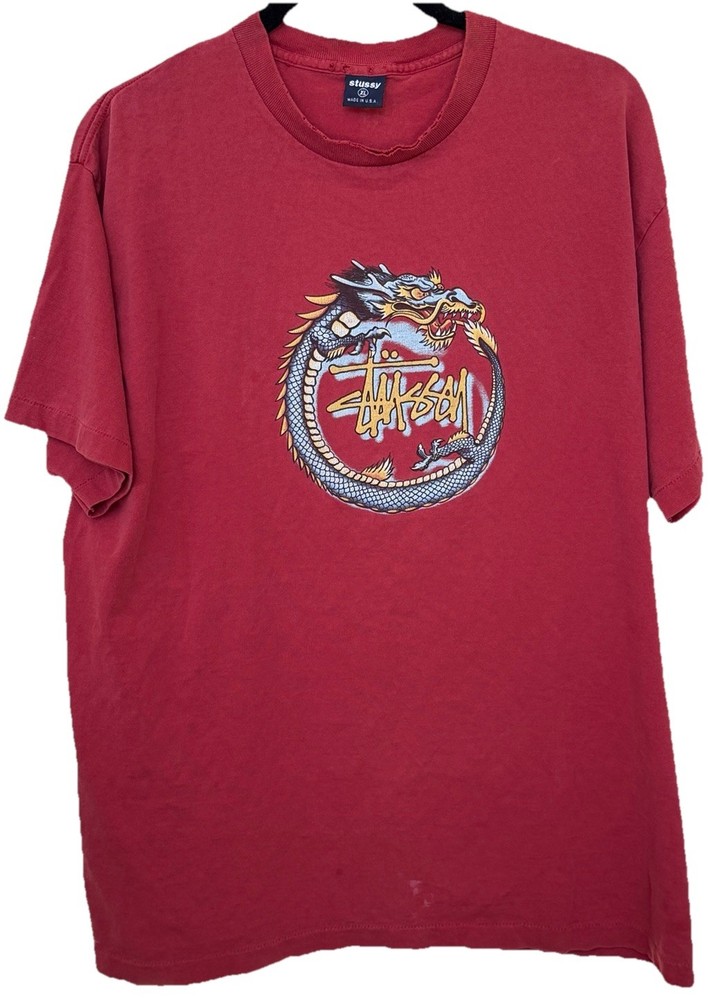 VINTAGE 90s STUSSY DRAGON RED T SHIRT SIZE XL RARE DISTRESSED