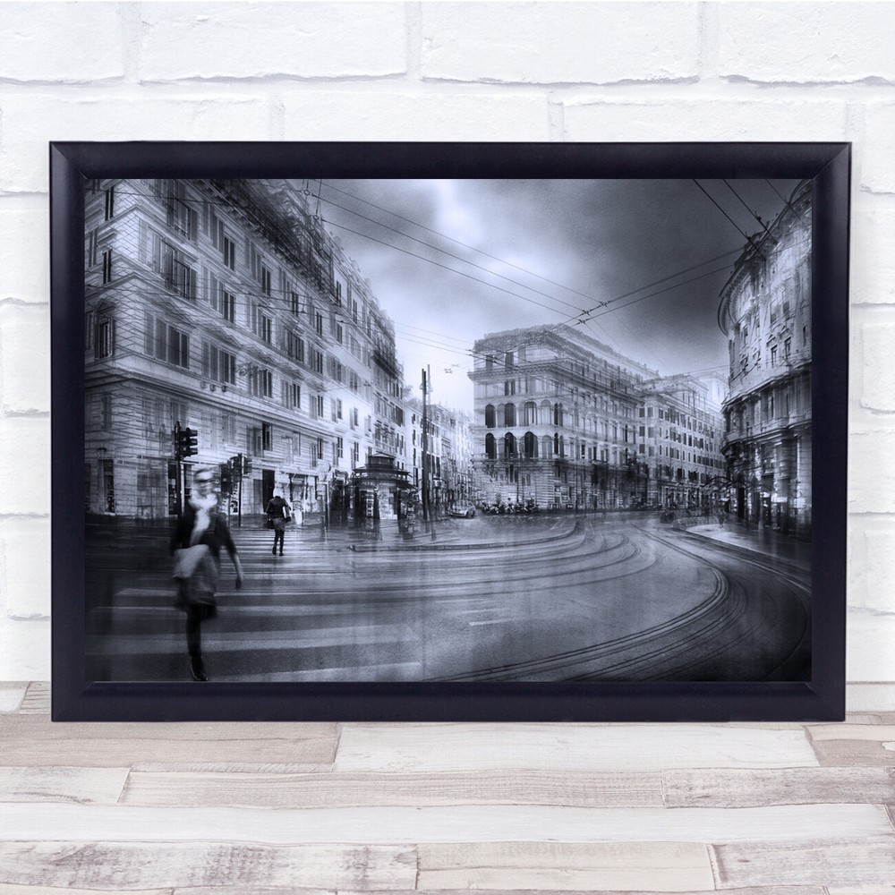 Blurry Black & White Cityscape Urban Road Avenue Wall Art Print