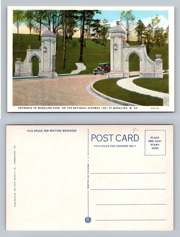 Wheeling, West Virginia, Park Entrance Gates National Hwy View Vintage Postcard
