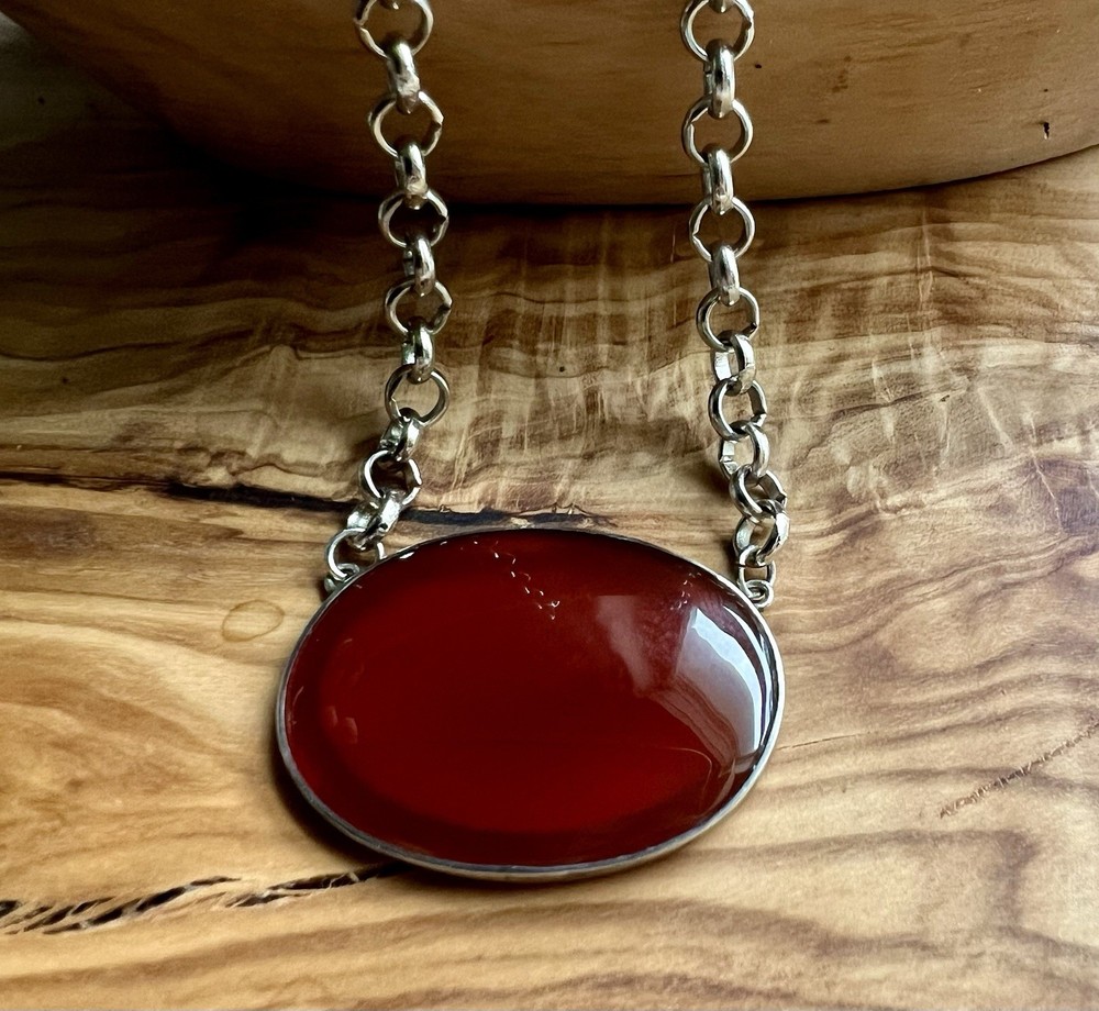 Sterling Silver Carnelian Necklace Vintage Oval Cabochon Pendant Chain Necklace