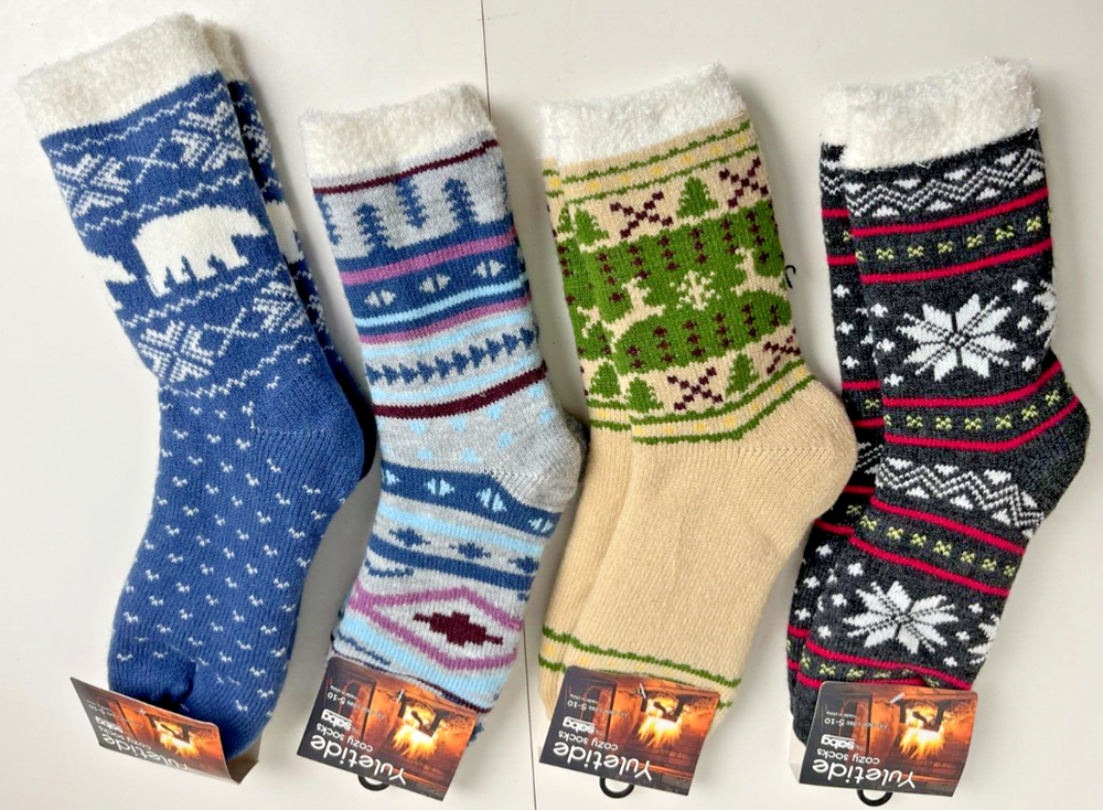 4 NEW Yuletide Cozy Socks Women's 5-10 Reindeer Snowflakes Polar Bear Lot Set