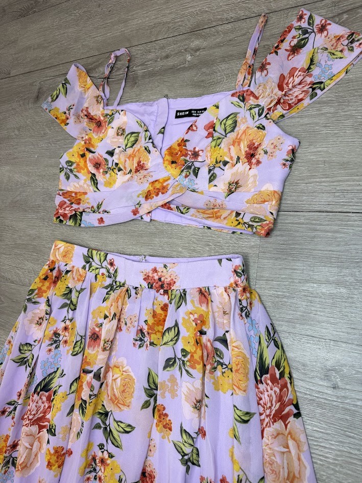 Floral Cottagecore Two Piece Maxi Skirt Set Lavender Off Shoulder Crop Top