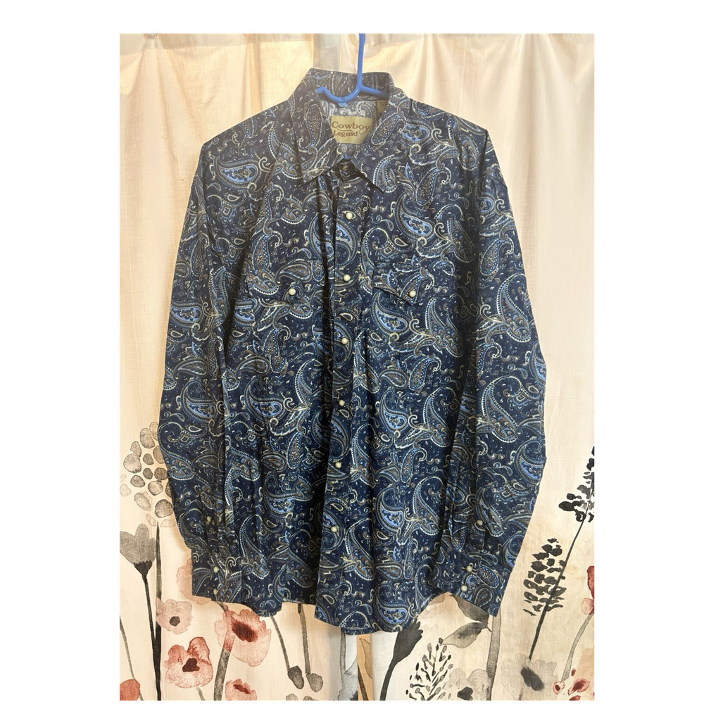Cowboy Legend Blue Paisley Western Cotton Button-Up Shirt XL Long Sleeve