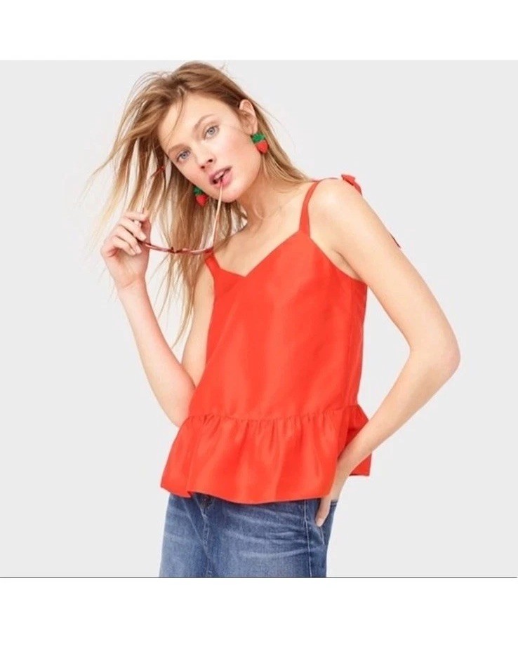 J. Crew top tomato Red Silk Tie Shoulder Peplum Top Romantic Ruffle Bow size 00