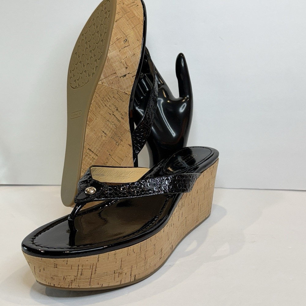 Lux Coach Jordan Black Patent Leather Wedge Sandals Size 9 NWOB