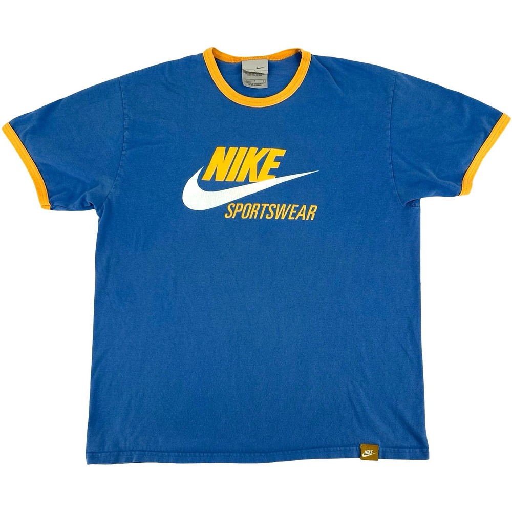 VTG y2k Men's Blue Yellow Nike Sportswear Swoosh Ringer T Shirt Sz M Silver Tag