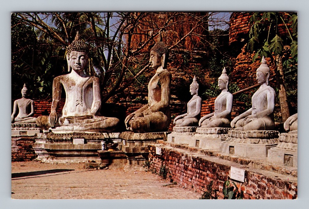 Thailand- Province Ayudhya Buddha Statues Line Courtyard Old Vintage Postcard