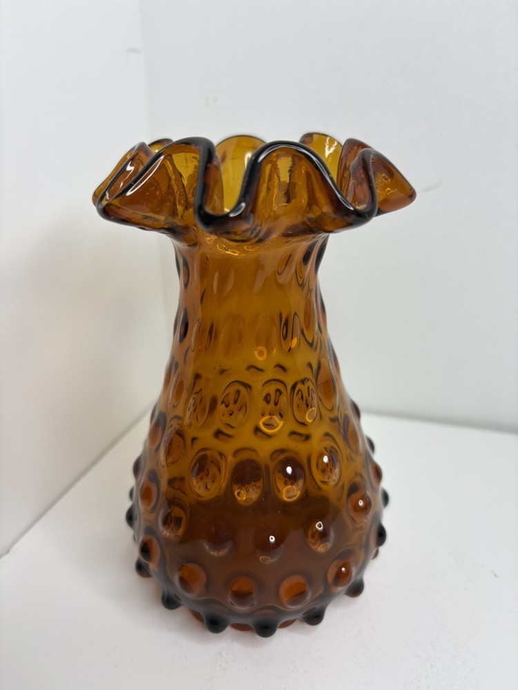 Vintage Empoli Vase Hobnail Seed Pod Art Glass Ruffled Rim 6” Amber