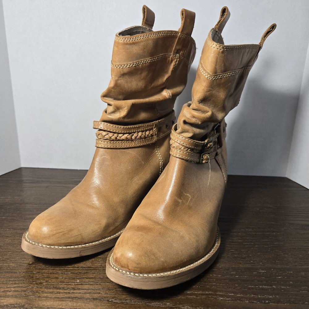 Steve Madden Women's Brown Tan Leather Western Heeled Ankle Boots Size 8 Slip On