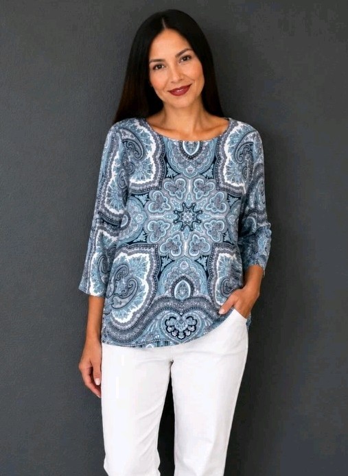 Charter Club Women's Paisley Print 3/4 Sleeve Knit Top Blue Gray White Size...