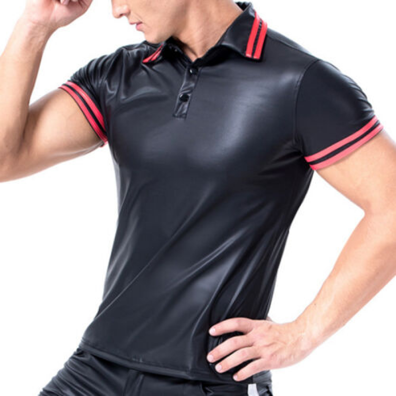 Men’s Short Sleeve Faux Leather T-shirt Turn-down Collar Slim Fit Tops Clubwear