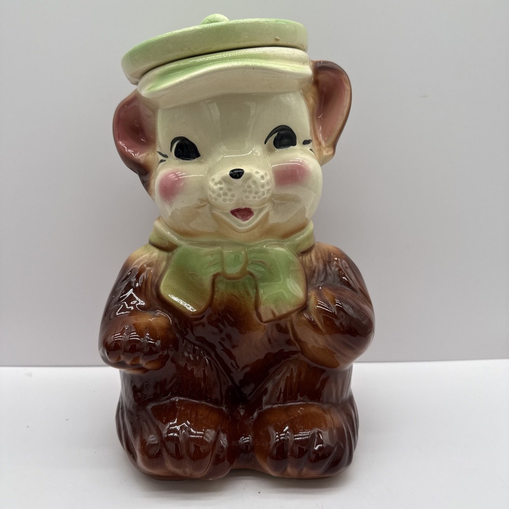 Vintage American Bisque Brown Bear Green Hat USA Cookie Jar