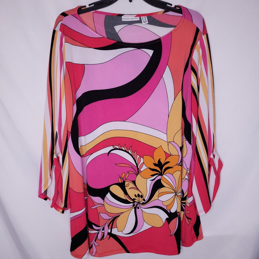 Susan Graver Top 1X Abstract Print Floral Liquid Knit Tie Sleeve Pink, Yellow