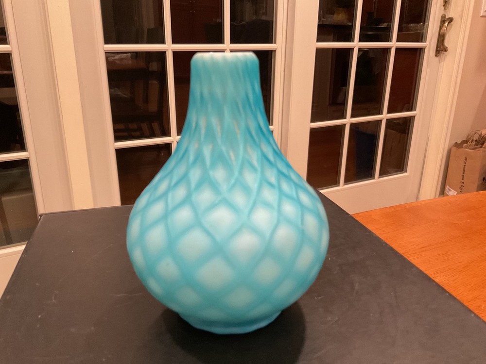 Antique blue Diamond Quilted Opalescent Satin Art Glass Vase 4.5” high