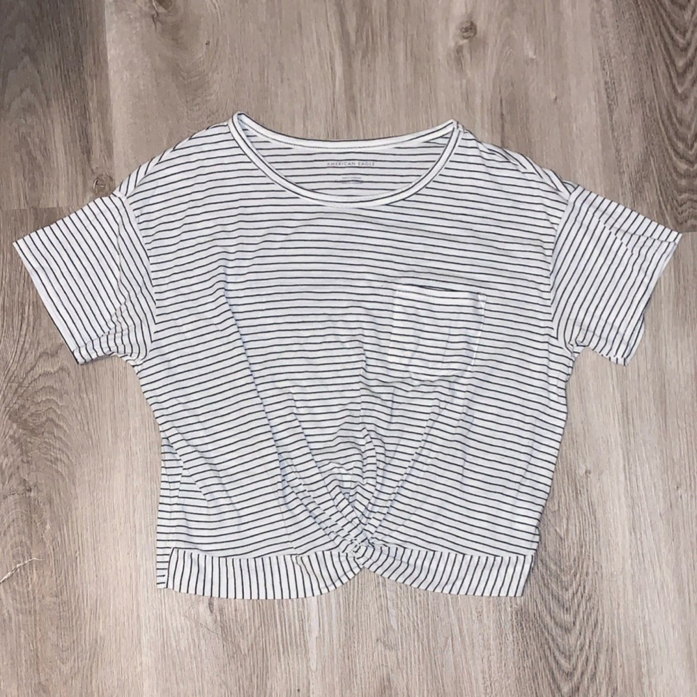 American Eagle Women's White/Black Striped Cotton Twist Front Cropped T-Shirt M
