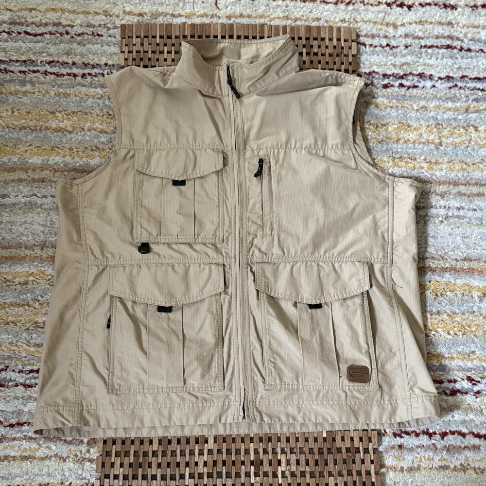 Eddie Bauer Full Zip Utility Fishing Tech Vest Khaki Multipocket Men's XXL 2XL