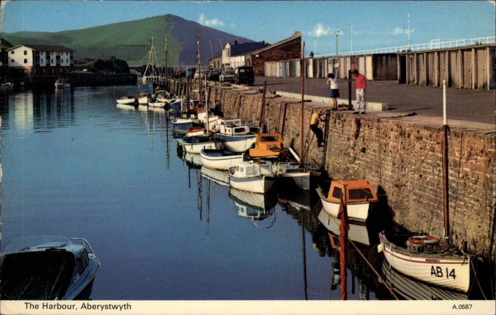 Aberystwyth Wales United Kingdom Harbor boats stone wall 1977 vintage postcard