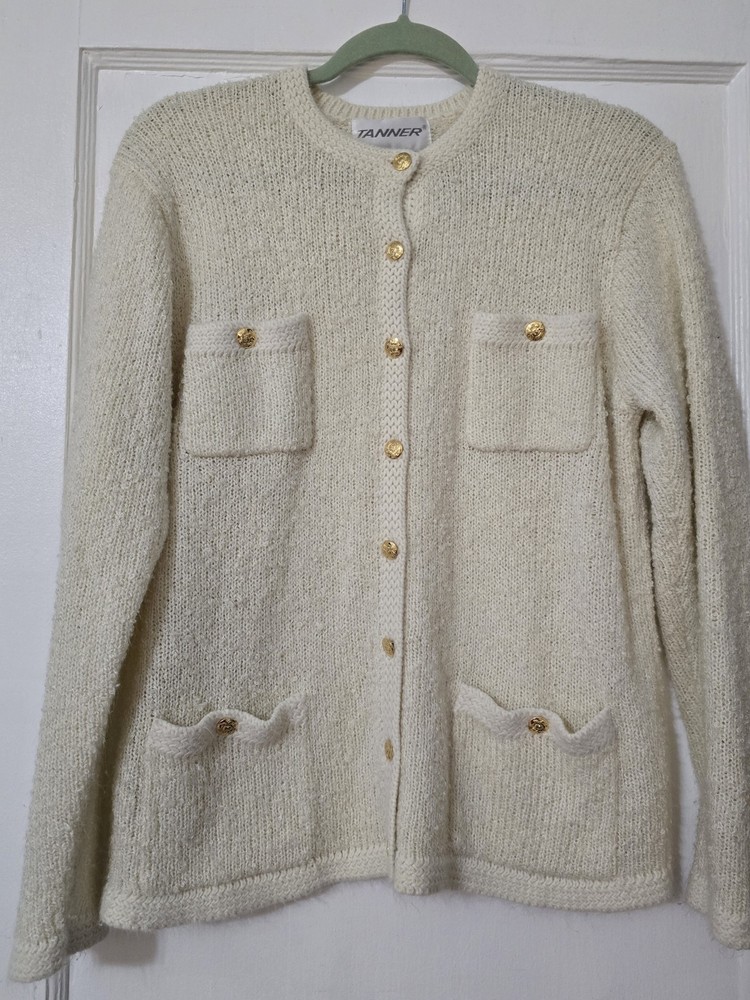Vintage Tanner Cream Knit Gold Button Front Cardigan Sweater Old Money Preppy M