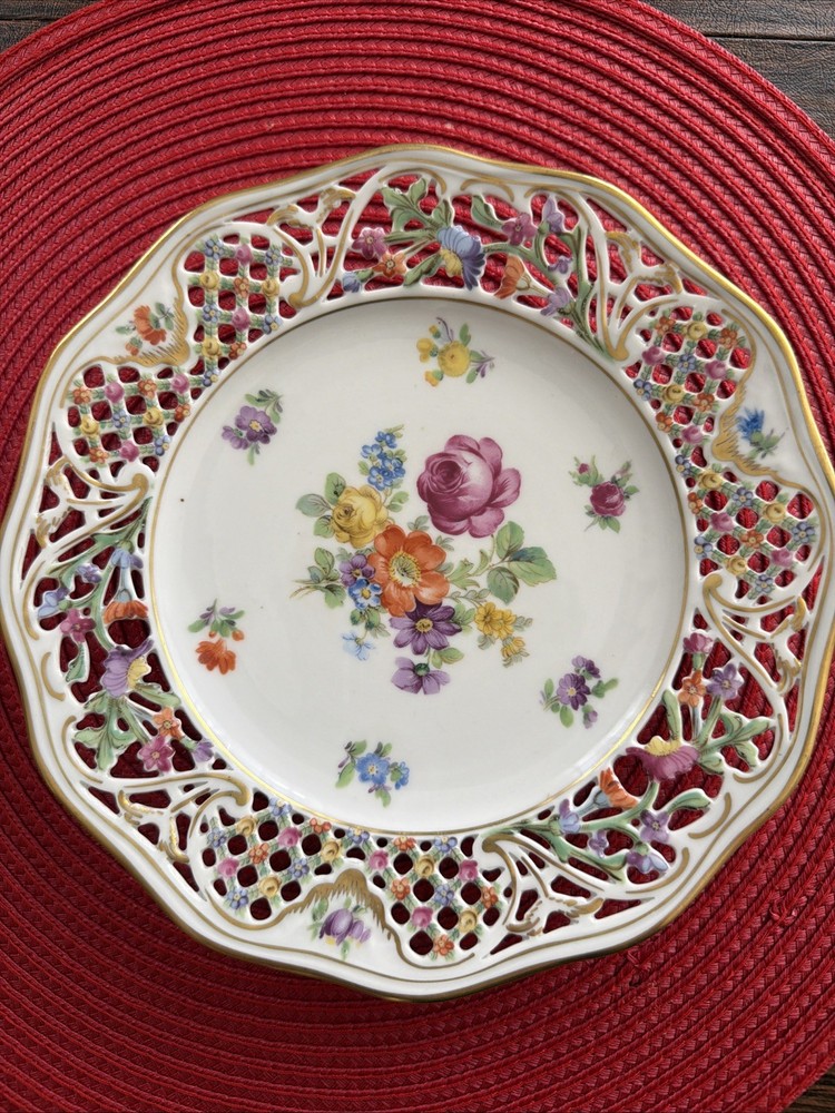 Schumann Bavaria Reticulated Plate Germany Dresden Flowers Pierced Porcelain