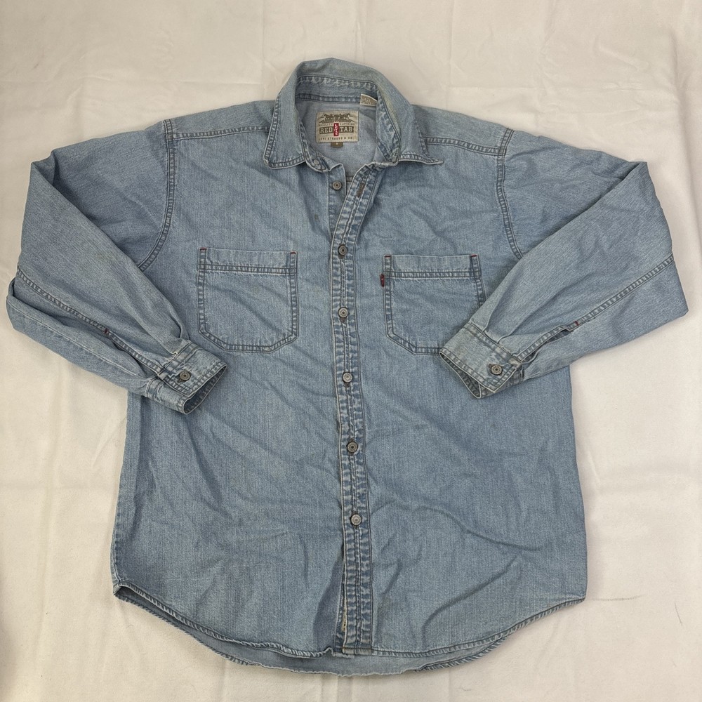 Vintage Levi’s Shirt Mens M Blue Denim Long Sleeve Metal Button Pocket Red Tab