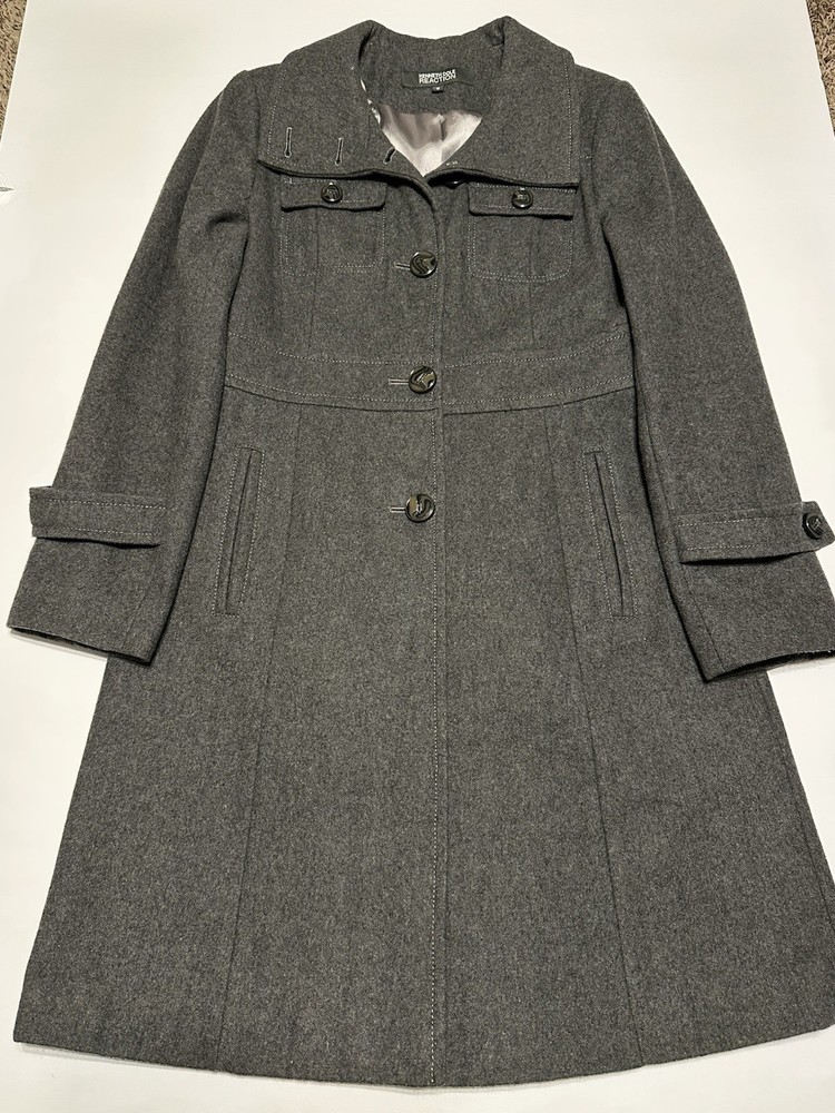 Kenneth Cole Reaction Womens Gray Wool Blend Long Sleeve Overcoat Size 8