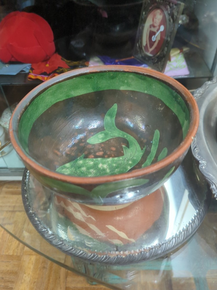 Patamban Michoacan Green Red Ware Pottery Mexican Folk Art Bowl