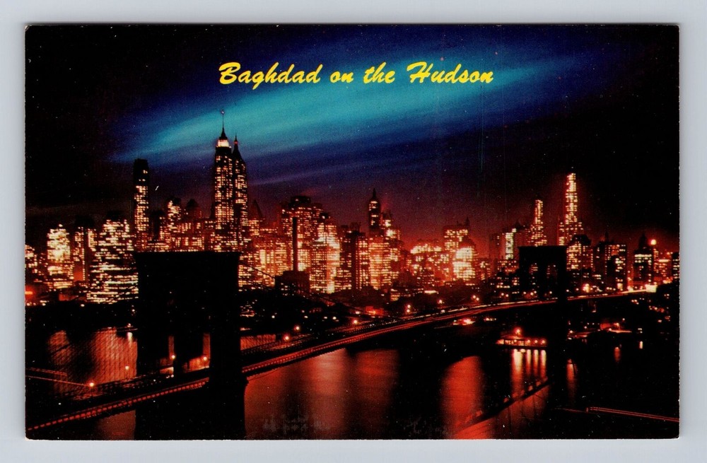 New York City NY-Night View Of Baghdad On The Hudson, Bridge Vintage Postcard