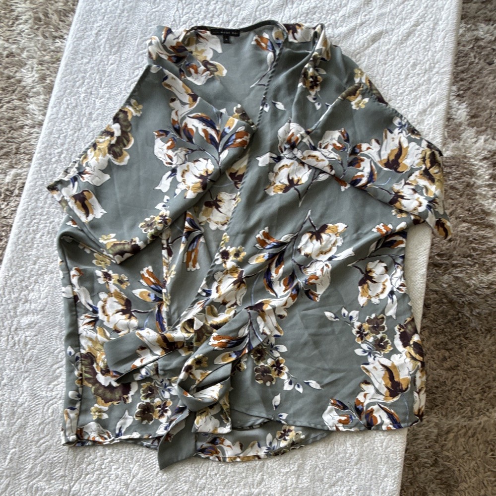 West Kei Gray Multicolor Floral V-Neck Long Sleeve Wrap Tie Blouse L