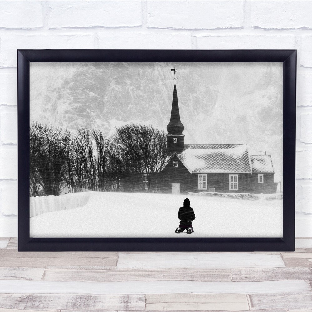 Prayer Person Snow Church Building Black White Wall Art Print