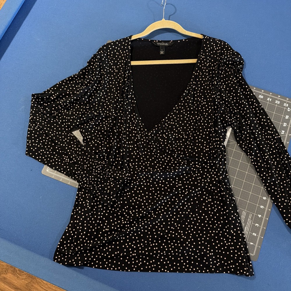 Long Tall Sally Top Size L Black / Cream Polka-Dot Faux Wrap Tunic V-Neck Ruffle