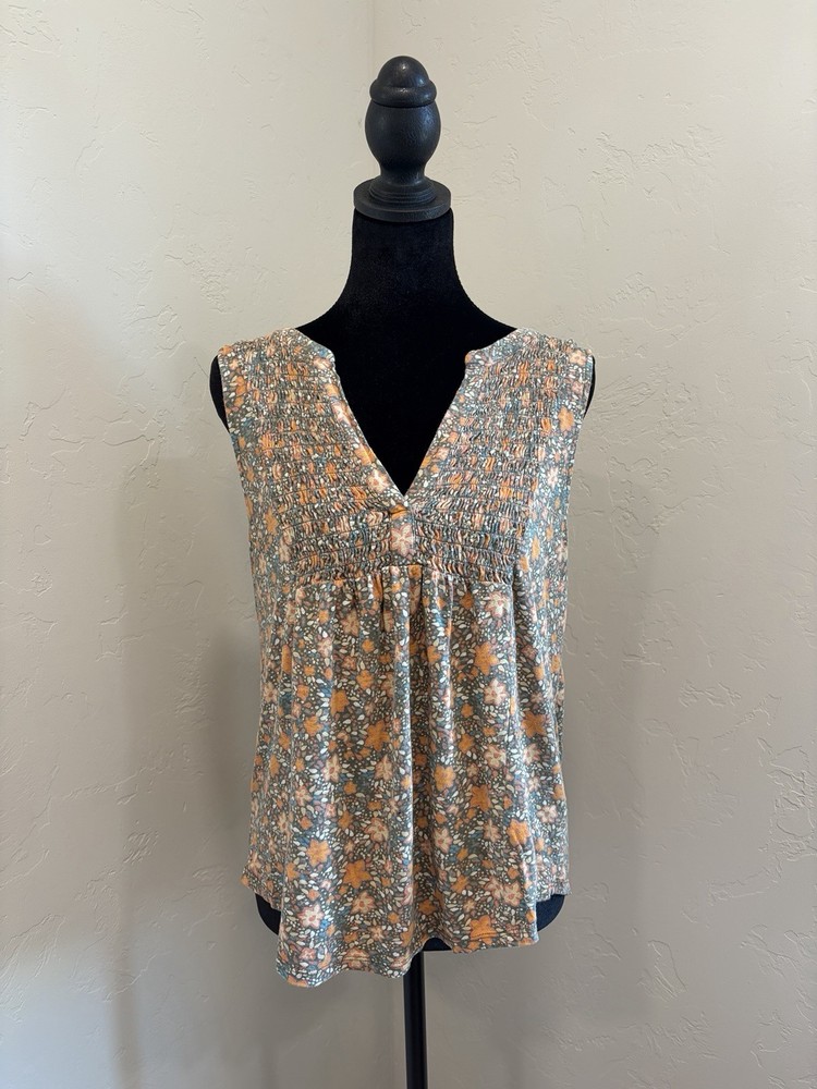 Lucky Brand Women’s M Gray Floral V-Neck Sleeveless Pullover Top Regular Fit