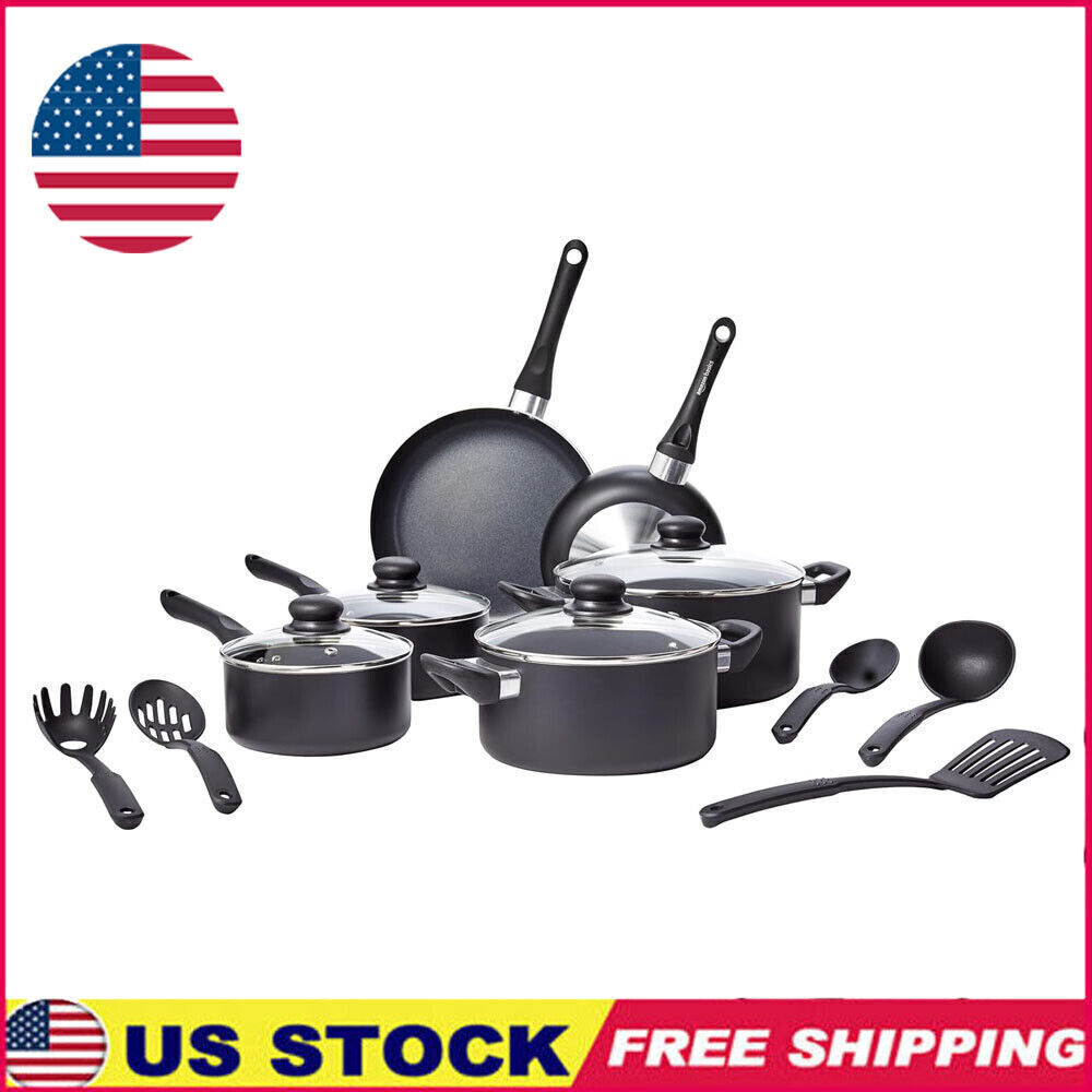 Non-Stick Cookware 15-Piece Set Pots Pans & Utensils Soft-touch Handles Black