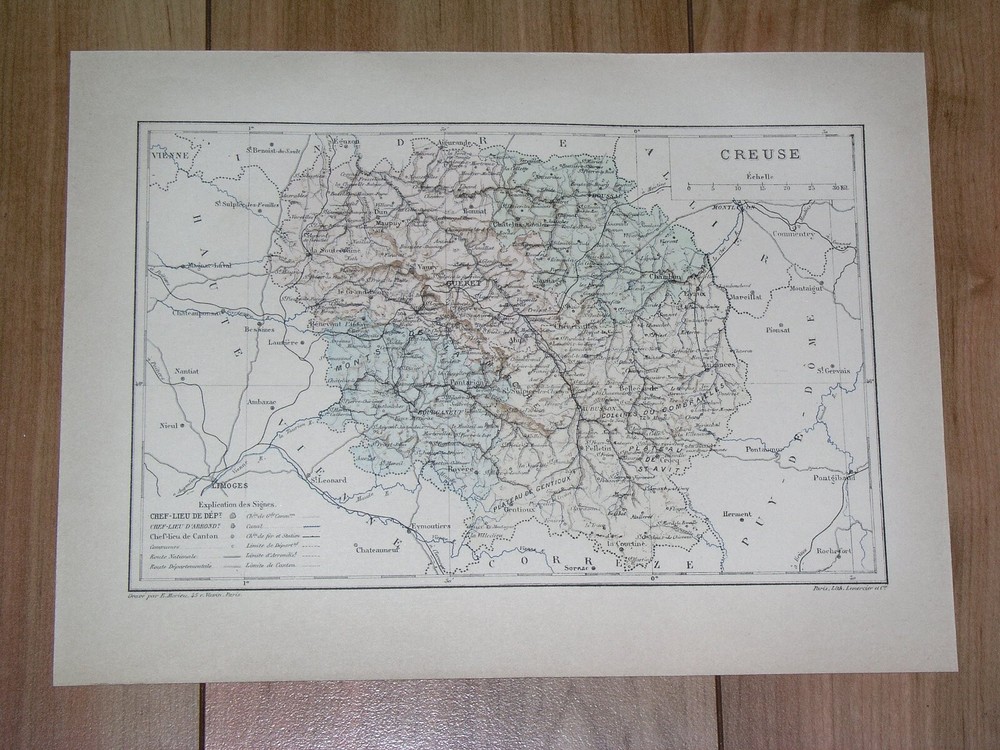 1887 Original Antique Map Of Department Of Creuse Gueret / France
