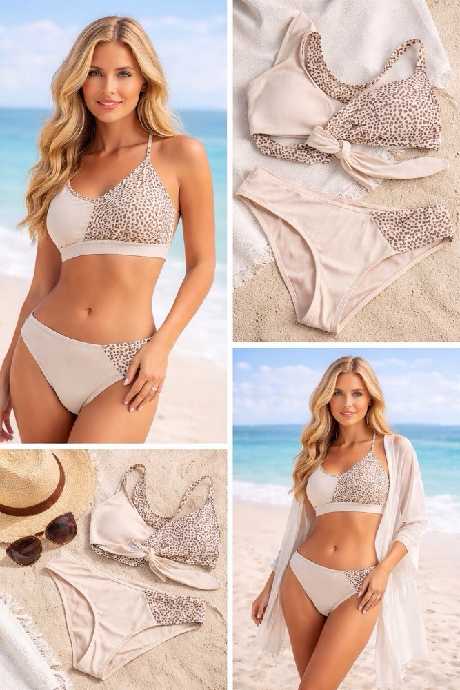 Cream Bikini Set with Elegant Lace and Animal Print