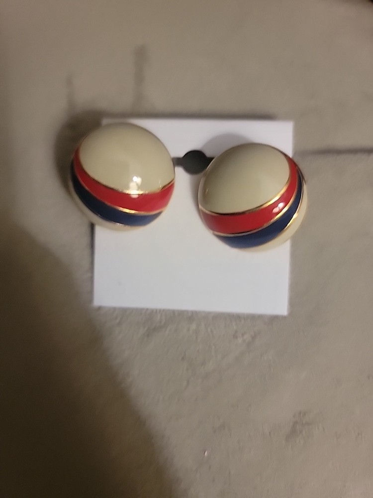 Vintage 1970s Patriotic Metal and Enamel Clip On Earrings Red, White, Blue
