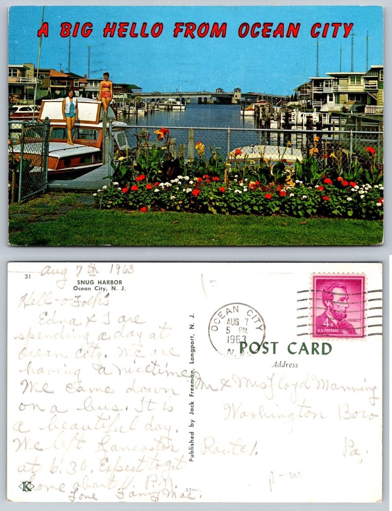 1963 Ocean City NJ Snug Harbor Marina Postcard, Women on Boat, Posted