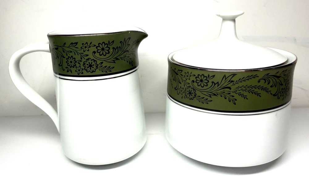 Walden Noritake Fine China Sugar Bowl w/Lid Creamer Pitcher Green Floral Japan