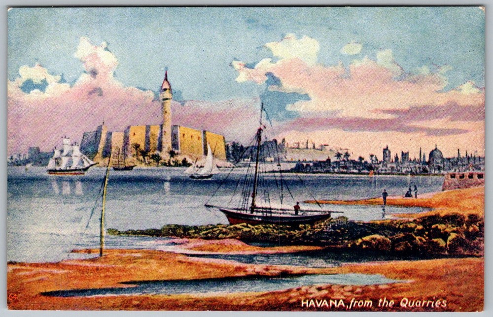 Vtg Postcard Harbor Fortress Sailboats Havana, Cuba 1930s