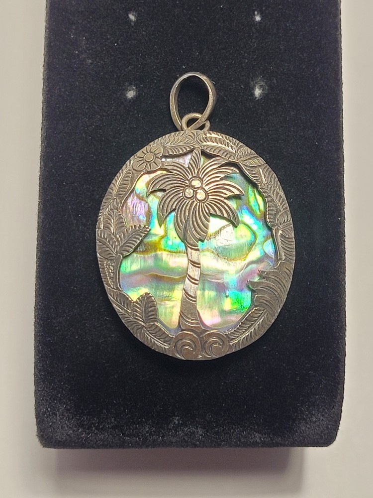 Vintage Abalone Shell 925 Sterling Silver Palm Tree Onyx Large Pendant Charm