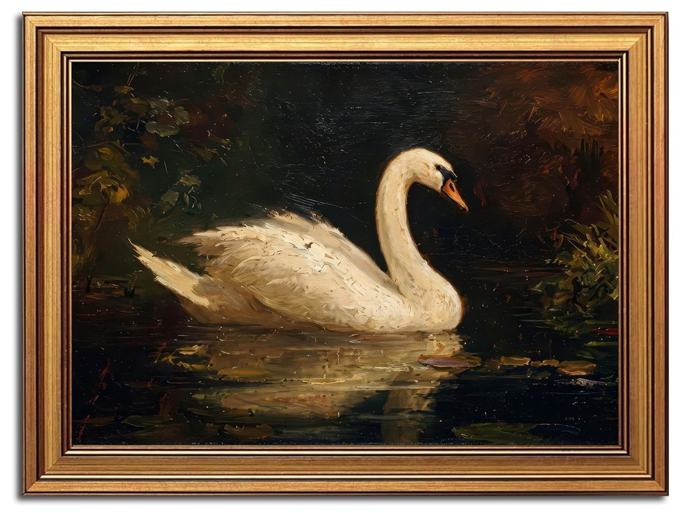 Gold Framed Vintage Swan Wall Art Moody Swan Oil Painting Picture Wall Decor ...