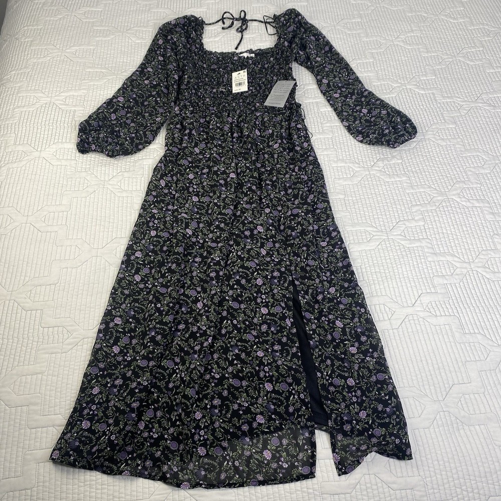 ASTR The Label Floral Smocked Long Sleeve Midi Dress Black Purple XS Cottagecore
