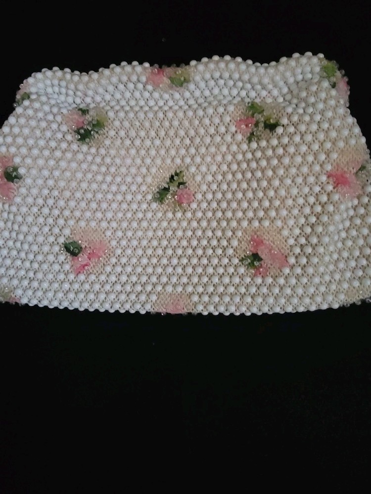 VINTAGE WHITE with PINK & GREEN FLORAL BEADED HANDBAG ~ PURSE ~ EVENING BAG