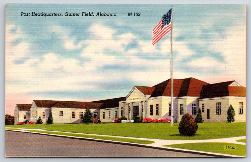Military~Gunter Field Alabama~Post HQ~Flag~Art Deco~WWI Vintage Linen Postcard