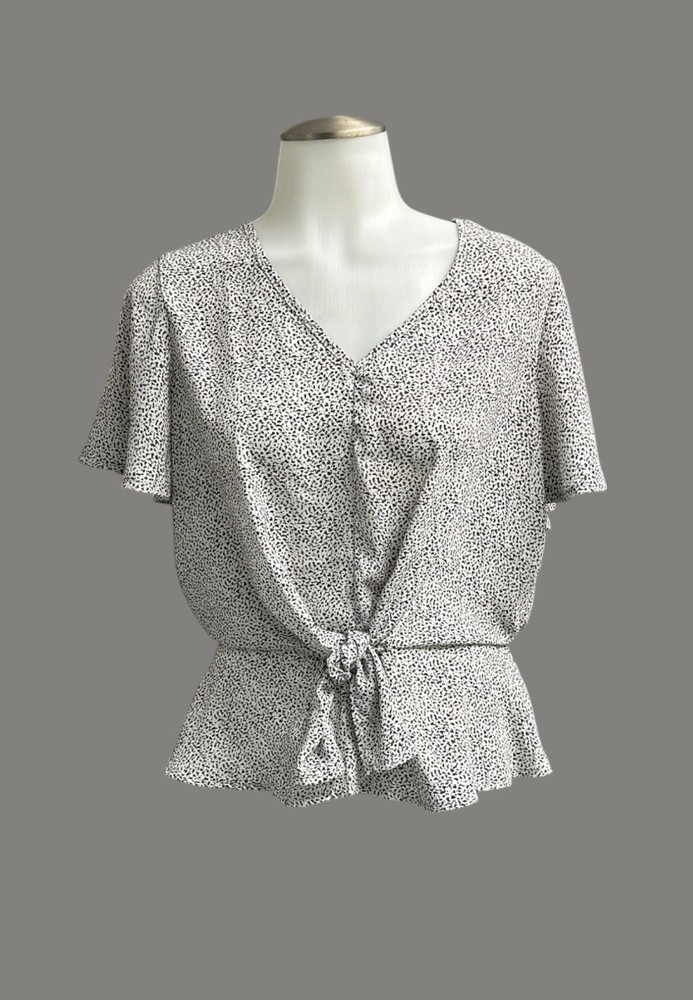 Sienna Sky White & Black Peplum Short Sleeve Tie In Front Blouse Women’s Size S