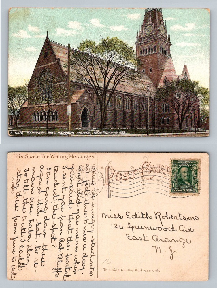 Cambridge, MA-Massachusetts, Memorial Hall Harvard c1912 Vintage Postcard